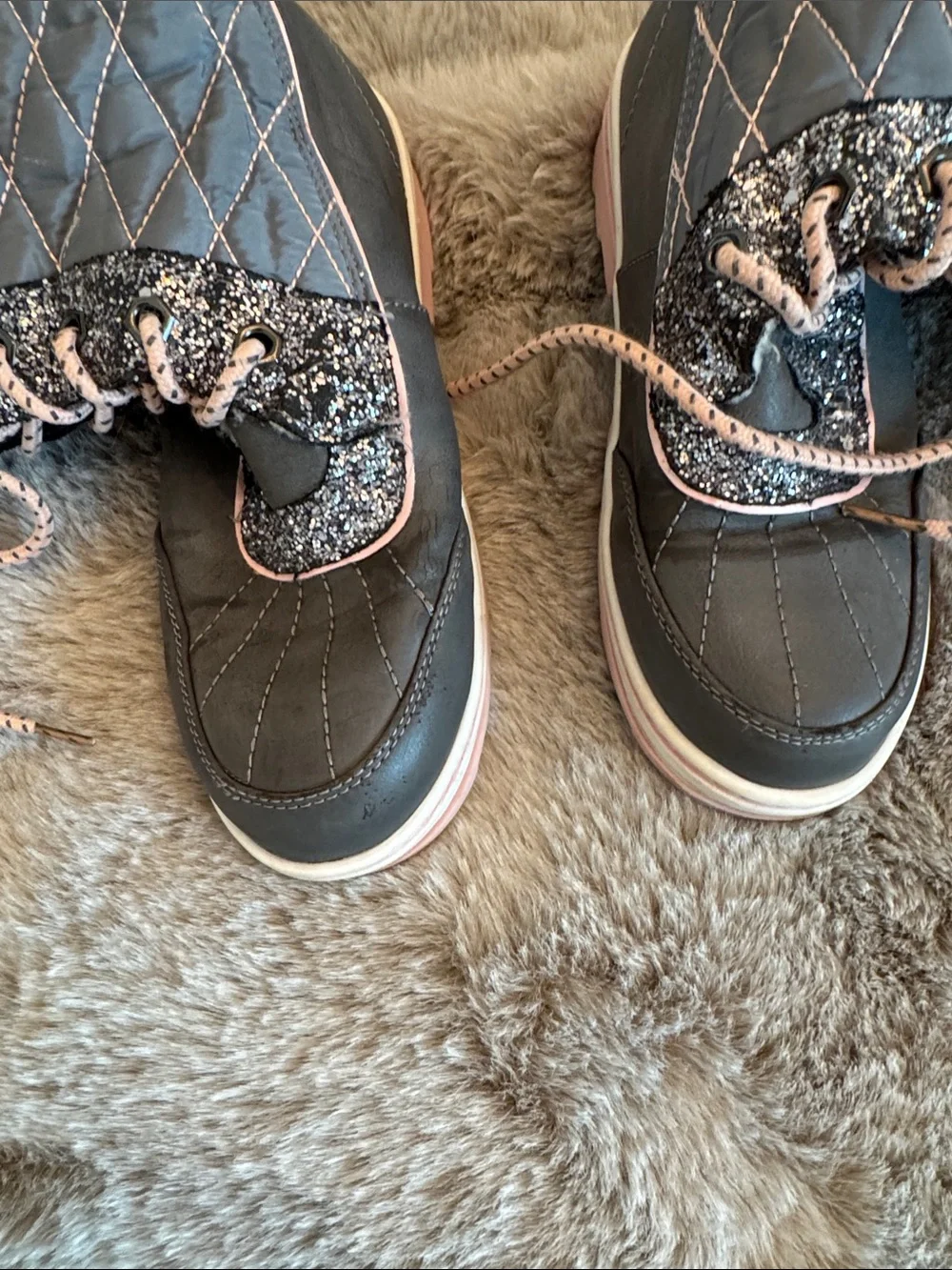 Justice Girls Quilted Gray Winter Boots with Pink Trim and Sparkles